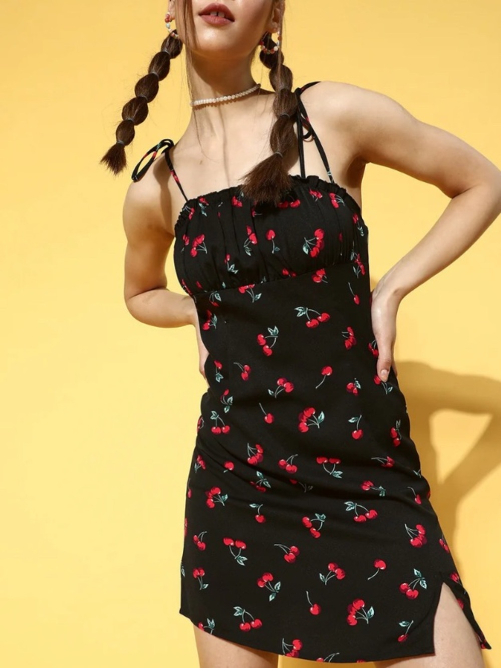 Black Cherry Print Tie-Strap Mini Dress Women’s Size S